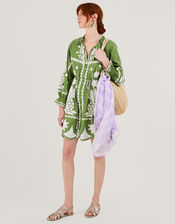 Embroidered Pineapple Applique Dress in Linen Blend, Green (GREEN), large