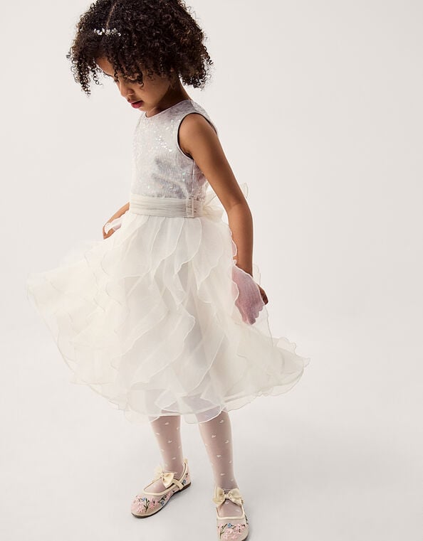 Sequin Embellished Ruffle Party Dress, White (WARM IVORY), large