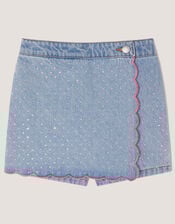 Rhinestone Scallop Denim Skort, Blue (BLUE), large