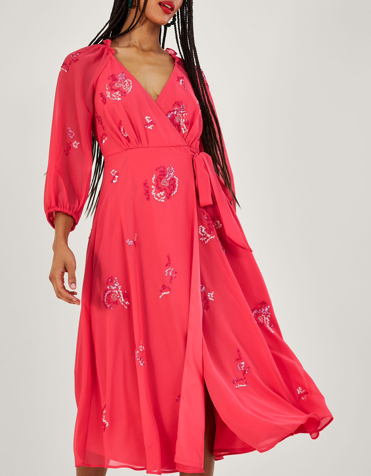 Tammy Embellished Wrap Midi Dress in Recycled Polyester Orange