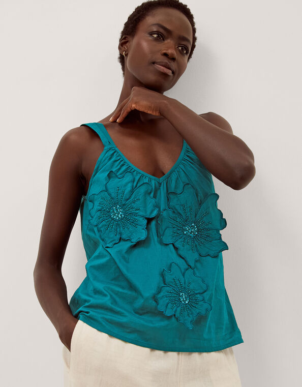 Rosalie Sleeveless Floral Embellished Top, Teal (TEAL), large