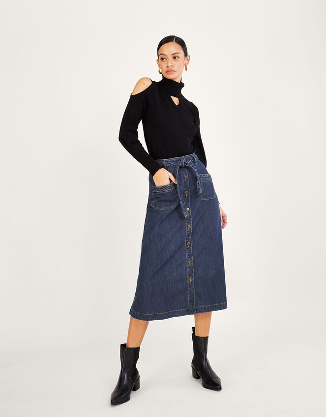 Plait Pocket Denim Midi Skirt in Sustainable Cotton, Blue (DENIM BLUE), large