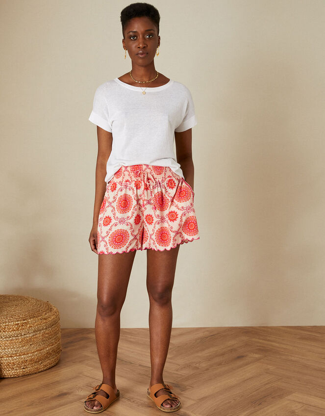 Medallion Print Shirred Waist Shorts in LENZING™ ECOVERO™ Cream