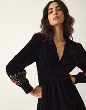 La Galeria Elefante Mexican Embroidered Velvet Midi Dress, Black (BLACK), large