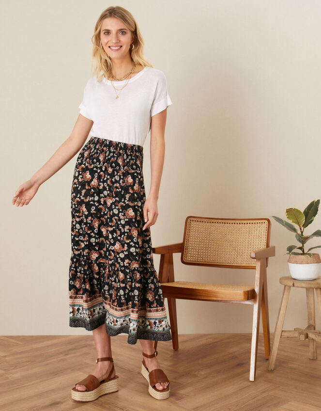 Caprice Shirred Waist Floral Skirt, Black (BLACK), large