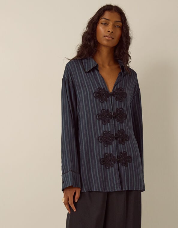 Ellie V-Neck Frogging Stripe Shirt , Blue (NAVY), large