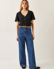 Imogen Button-Front Linen T-Shirt, Black (BLACK), large