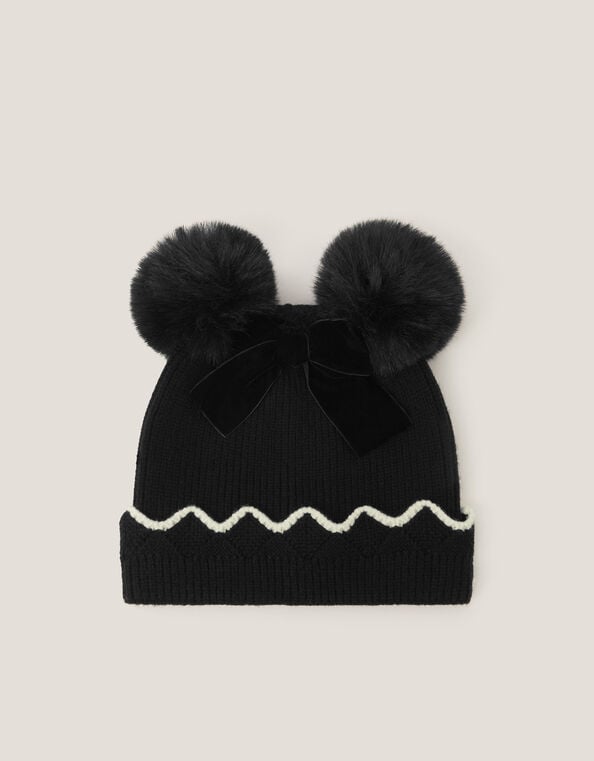 Scallop Bow Pom-Pom Beanie Hat, Black (BLACK), large