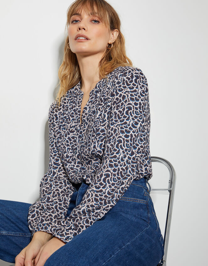 Molly Abstract Print Pintuck Blouse, Blue (NAVY), large