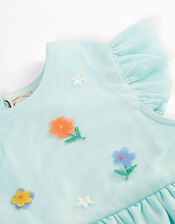 Frugi Embroidered Flower Tulle Dress, Blue (BLUE), large