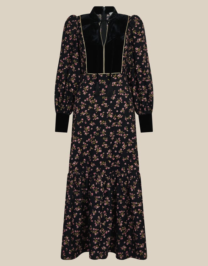 Monsoon x Queens of Archive Lola Velvet Bib Floral Corduroy Maxi Dress​, Black (BLACK), large