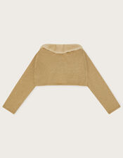 Super-Soft Faux Fur Collar Cardigan, Gold (GOLD), large