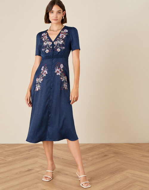 Embroidered Placement Jacquard Dress , Blue (NAVY), large