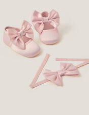 Baby Satin Bow Headband & Booties Set, Pink (PINK), large