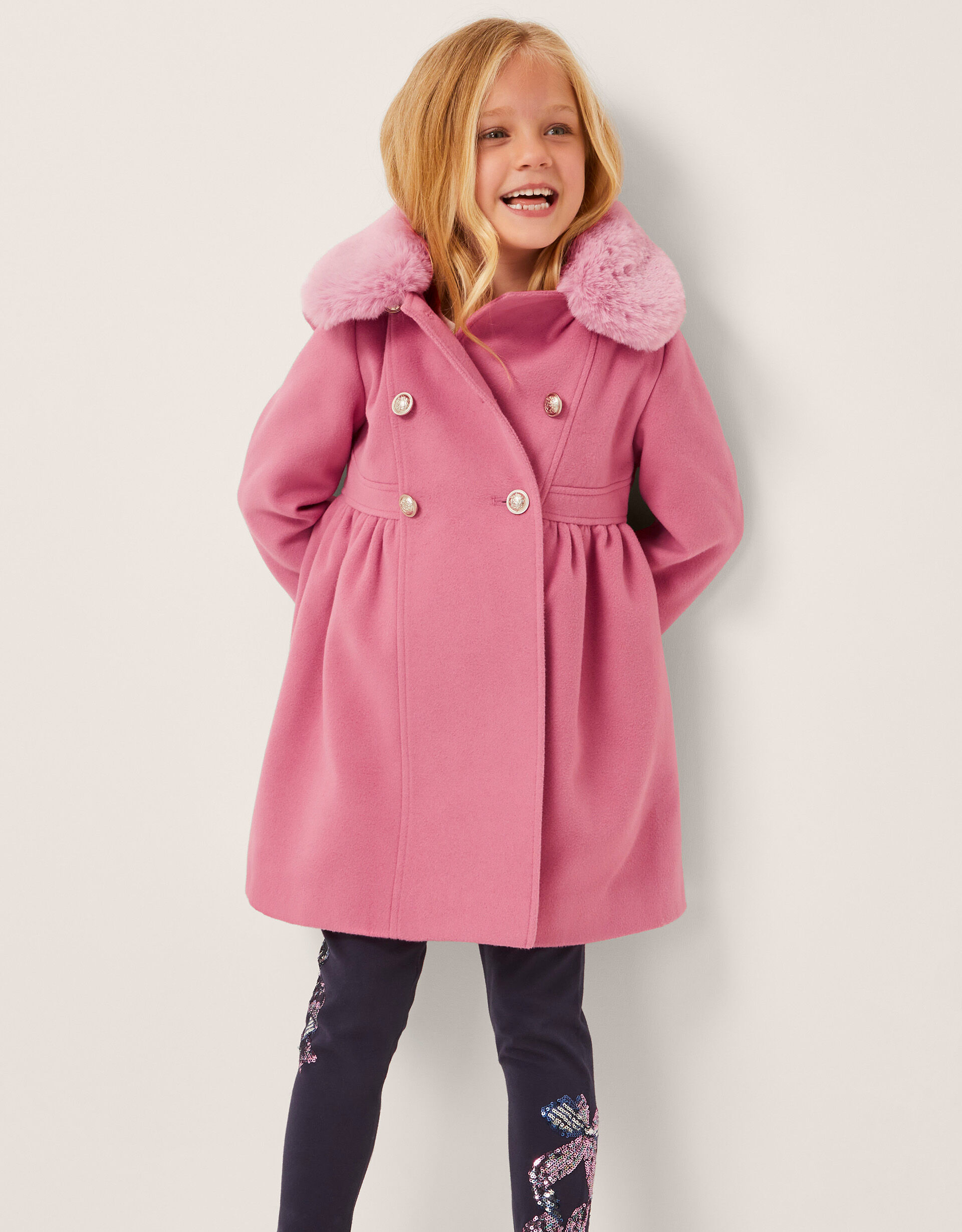 Natalia Faux Fur Collar Double-Breasted Coat Pink