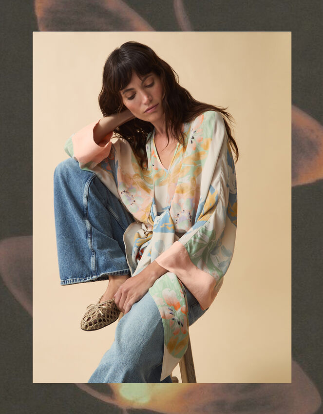 Clemence Amelie Tie Front Floral Top Cream