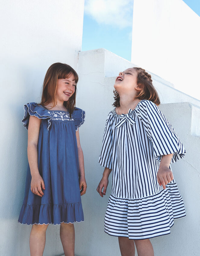 Stripe Puff Sleeve Dress, White (WHITE), large