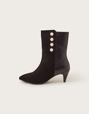 Pearl Button Leather Ankle Boots, Black (BLACK), large