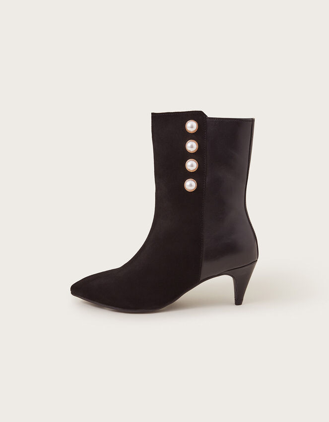 Pearl Button Leather Ankle Boots, Black (BLACK), large