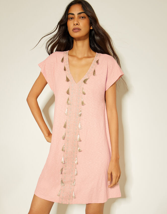 Jodie Tassel Beach Tunic Mini Dress, Pink (PINK), large