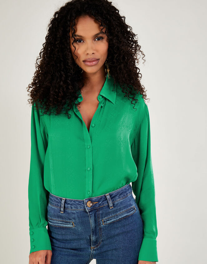 Saskia Button Through Satin Blouse, Green (GREEN), large