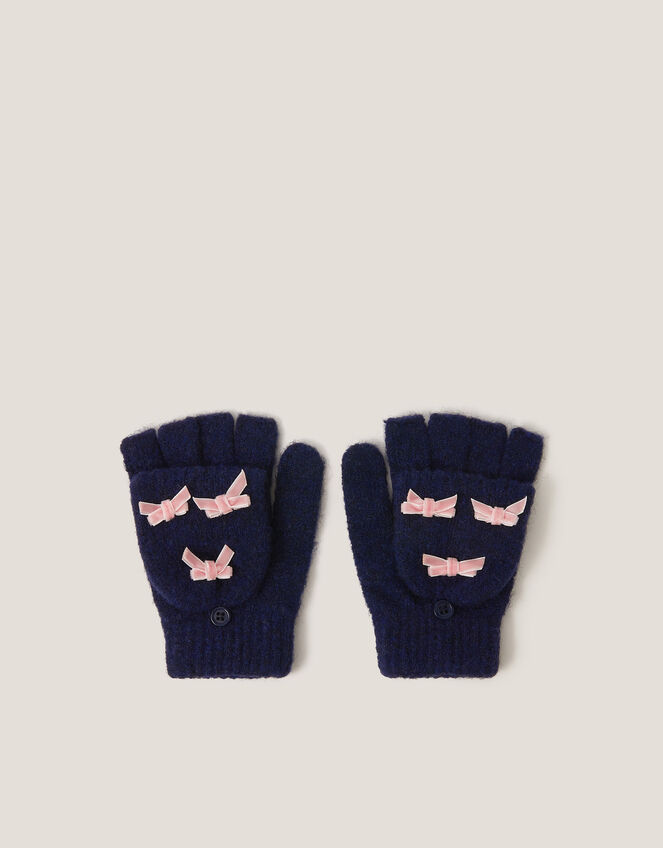 Bow Fingerless Gloves with Mittens, Blue (NAVY), large