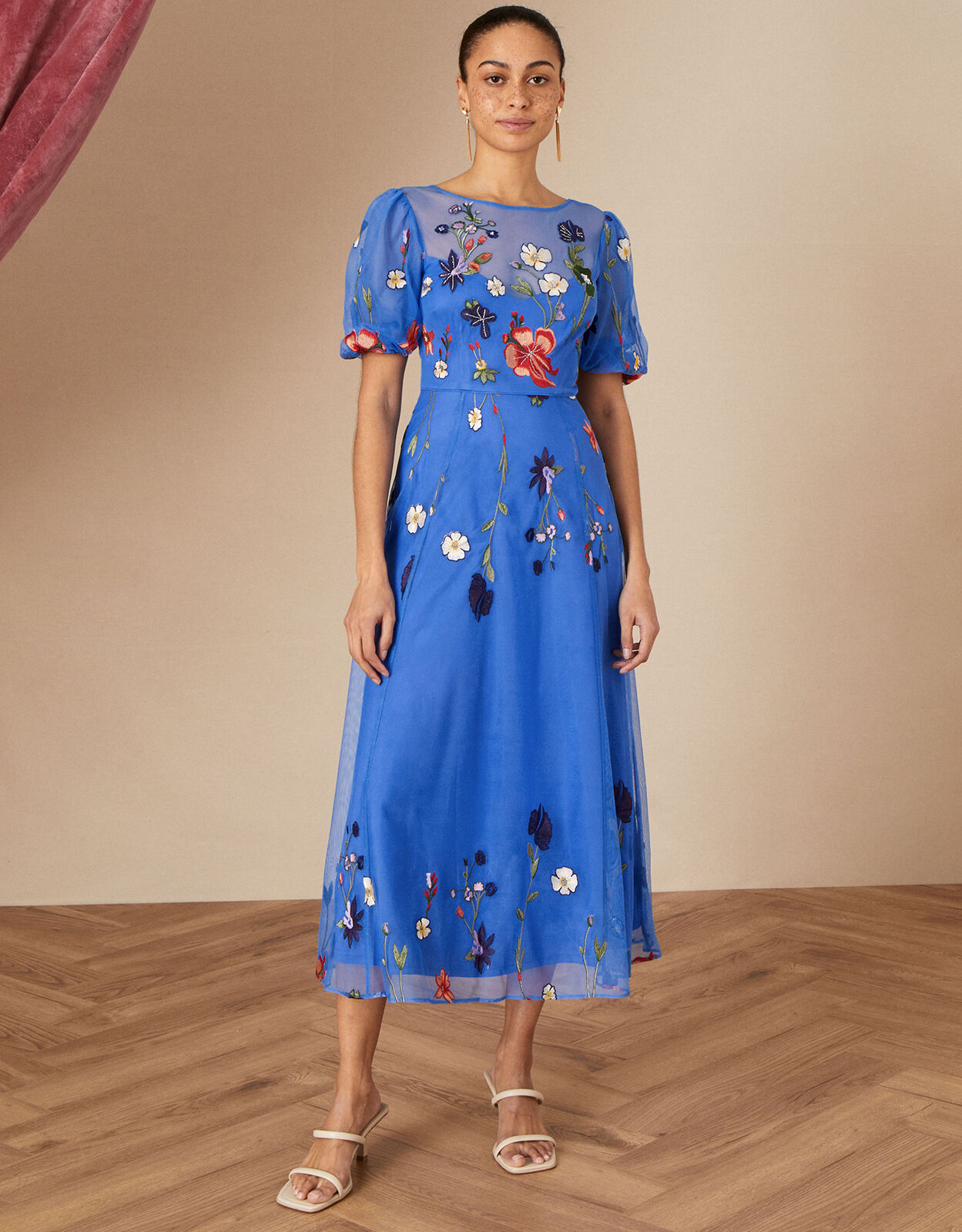 Andrea Embroidered Midi Dress is Recycled Polyester Blue Evening Dresses Monsoon UK