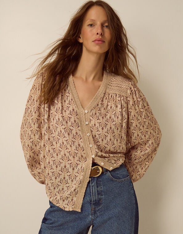 Clementine Lace Print Top, Ivory (IVORY), large