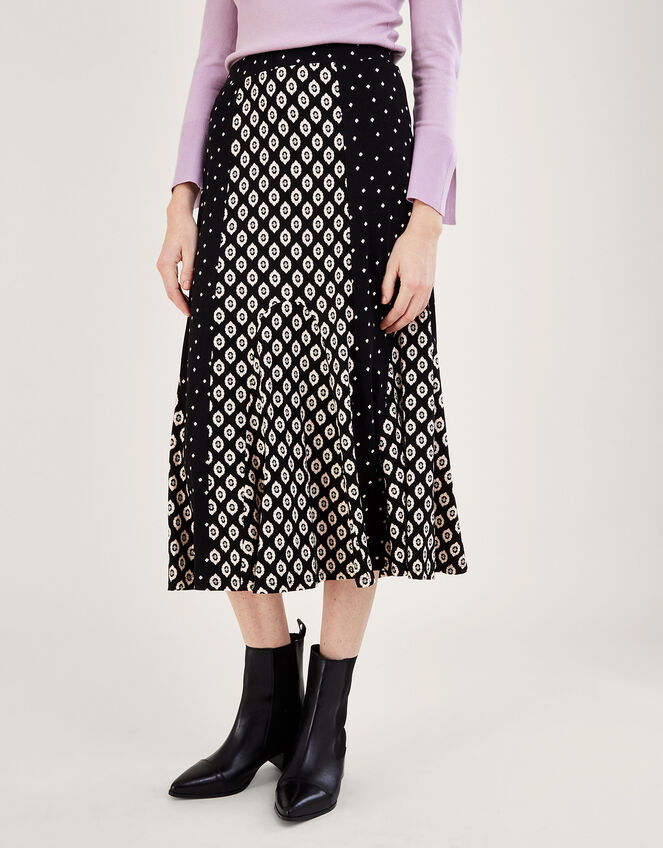 Contrast Geometric Print Midi Skirt, Black (BLACK), large