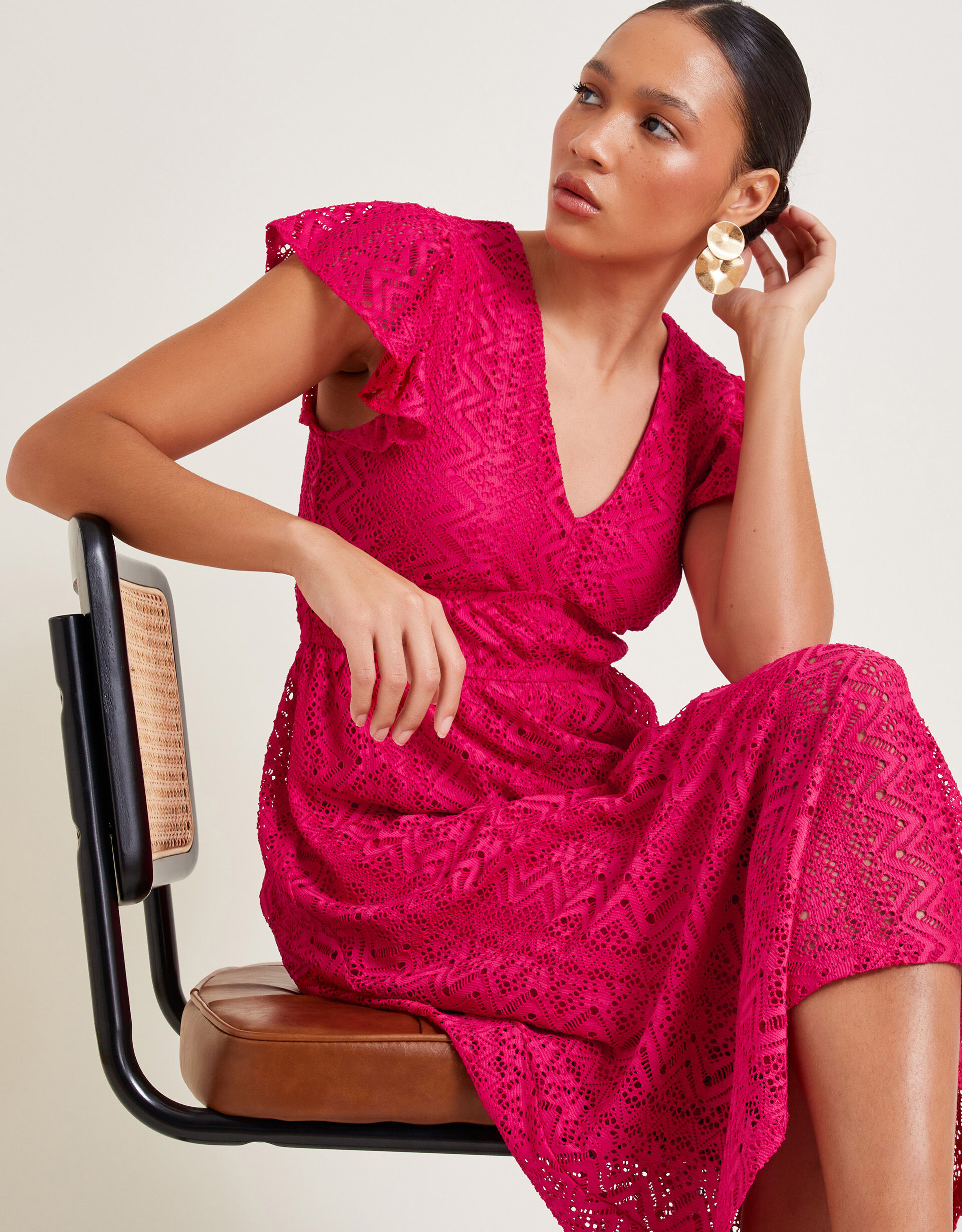 Lo Lace Jersey Ruffle Dress Pink