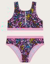 Leopard Print Sporty Zip-Up Bikini Set, Blue (NAVY), large