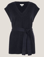 Cohen Tie Waist Cable Knit Vest, Blue (NAVY), large