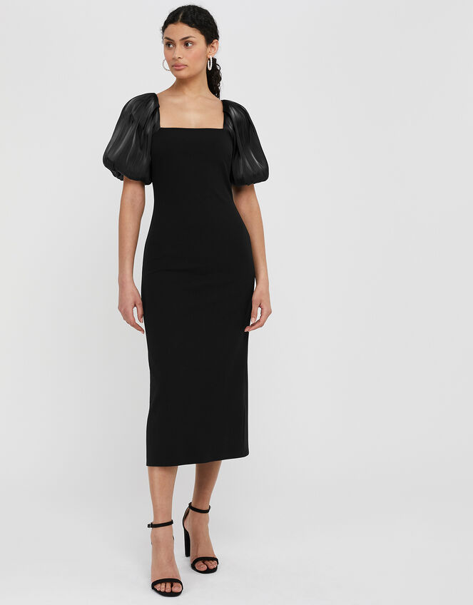 Eliza Organza Puff Sleeve Midi Dress, Black (BLACK), large