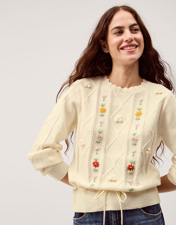 Elsie Floral Embroidered Cable Knit Jumper, Ivory (IVORY), large