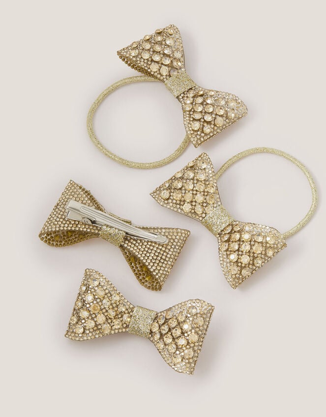 4-Pack Rhinestone Bow Hair Bands & Clips, Gold (GOLD), large