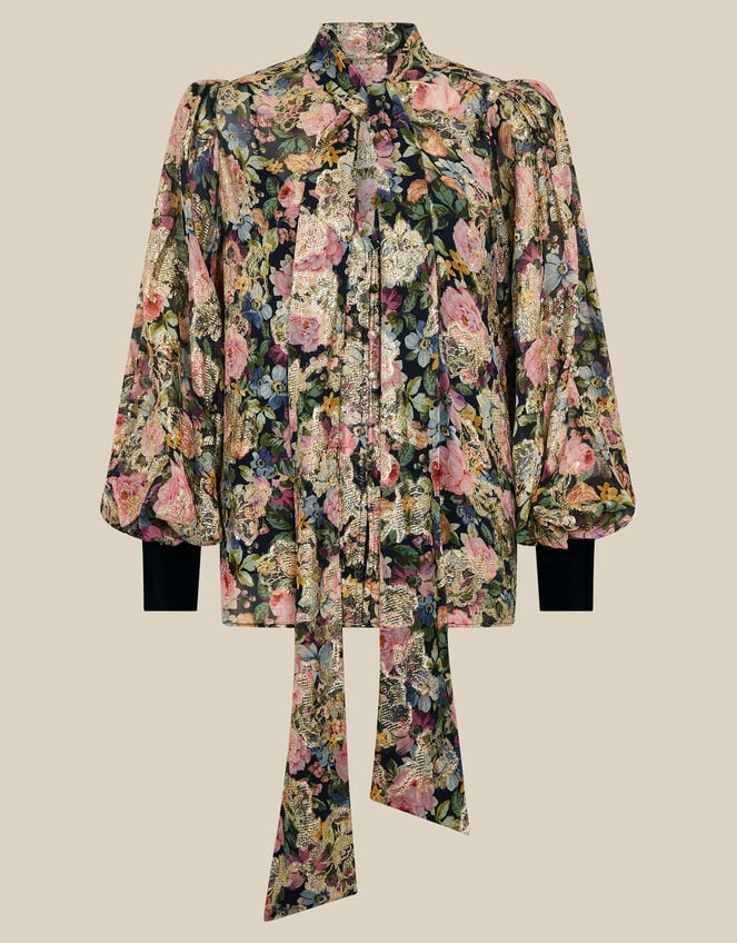 Monsoon x Queens of Archive Patti Metallic Floral Jacquard Blouse​, Black (BLACK), large