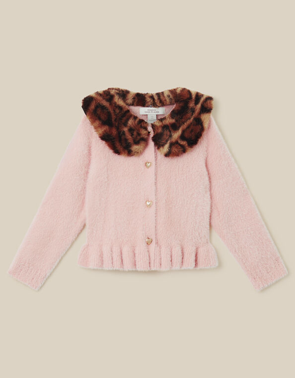 Monsoon x Queens of Archive Francoise Leopard Print Faux Fur Collar Cardigan​, Pink (PINK), large