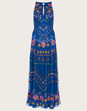 Theodora Embroidered Maxi Dress in Recycled Polyester, Blue (BLUE), large