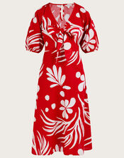 Abstract Palm Print Tie Front Midi Dress, Red (RED), large