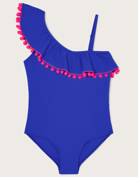One-Shoulder Pom-Pom Swimsuit Blue, Blue (BLUE), large