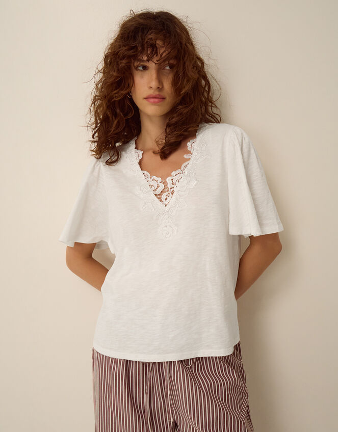 Layla V-Neck Lace Jersey Top, Ivory (IVORY), large