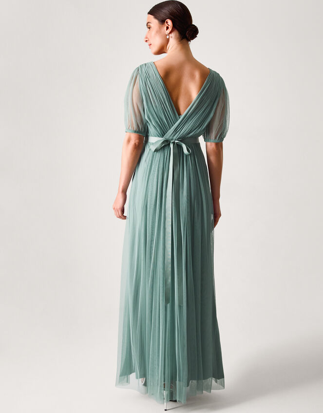 Ellie Sheer Sleeve Plunge Tulle Maxi Dress, Green (SAGE), large