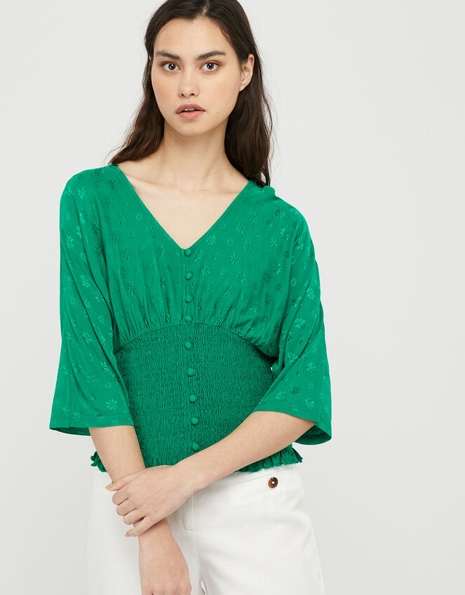 Janet Shirred Jacquard Top, Green (GREEN), large