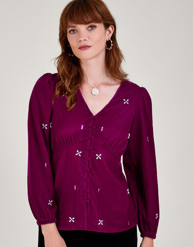 Carola Embellished Velvet Blouse, Pink (PINK), large
