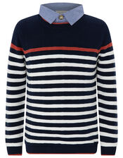 Peter Striped Jumper with Faux Shirt Collar, Blue (NAVY), large