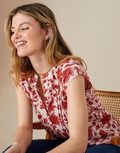 Floral Jersey Linen Short Sleeve T-Shirt, Red (RED), large