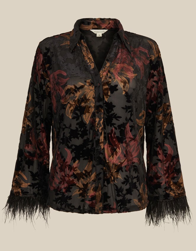 Dora Faux Feather Floral Devor&eacute; Shirt, Black (BLACK), large