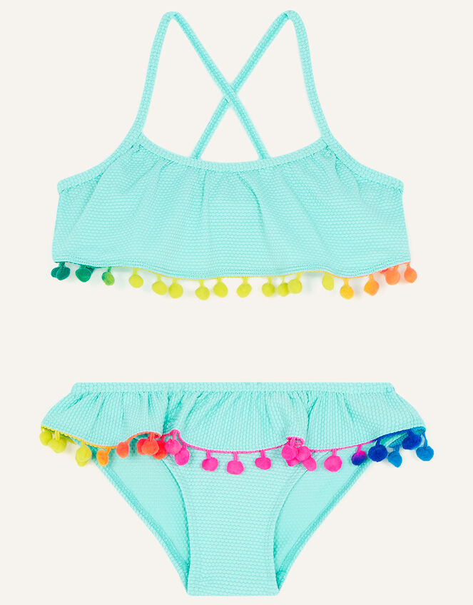 Pom-Pom Frill Bikini with Recycled Polyester, Blue (TURQUOISE), large
