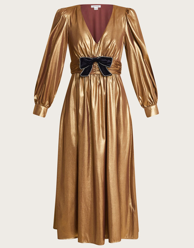 Gracie Bow Midi Dress, Gold (GOLD), large