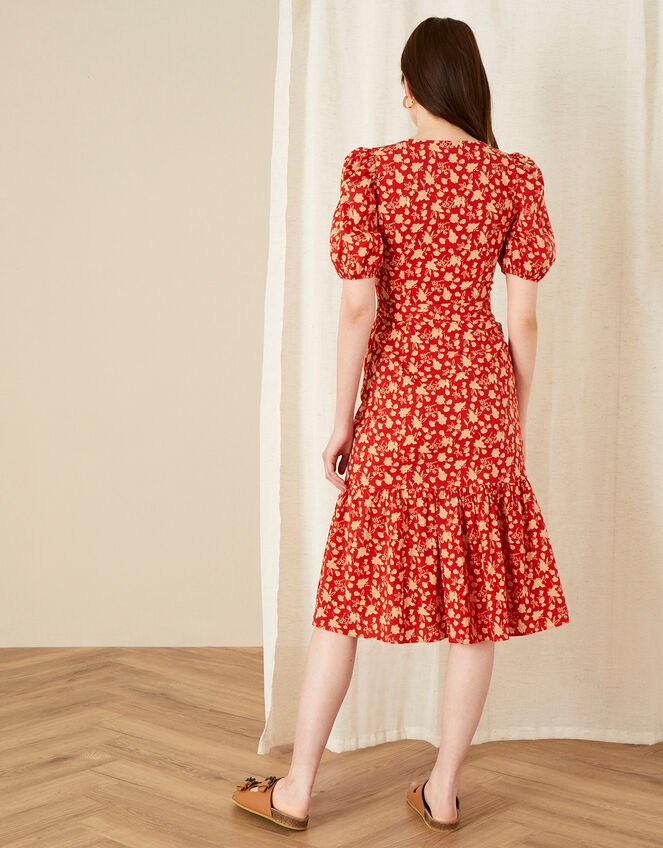 Floral Print Tiered Midi Dress , Red (RED), large